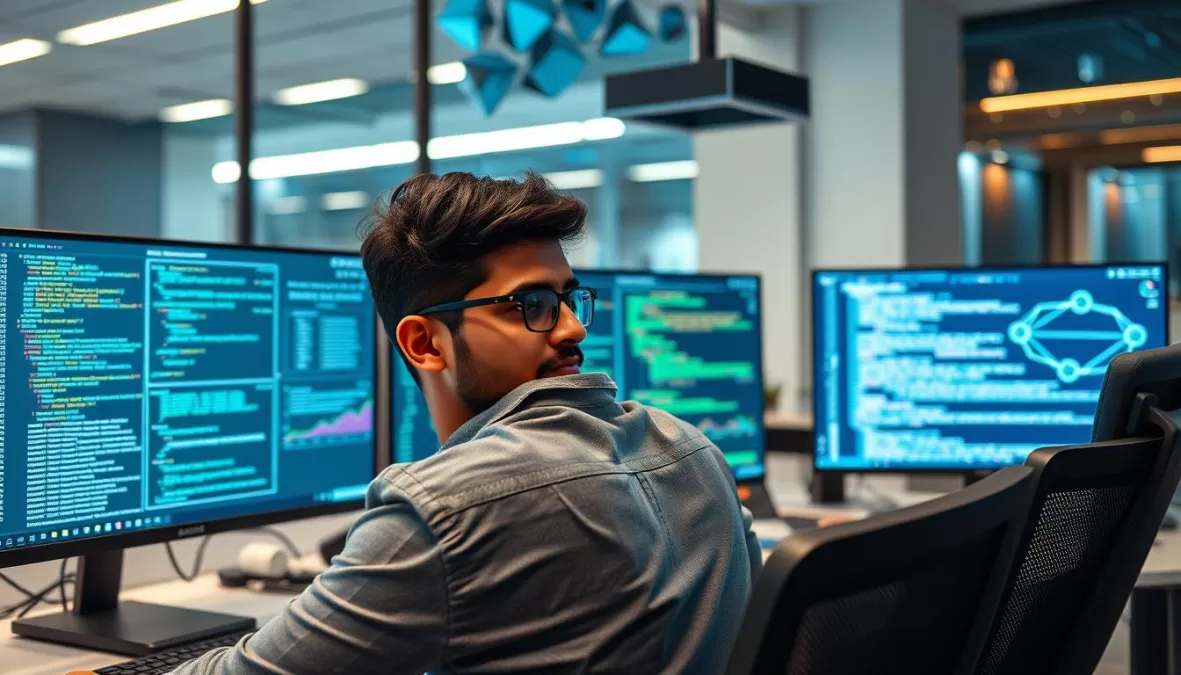 Blockchain Developer coding distributed ledger applications, one of the Fastest-Growing Jobs in India 2025