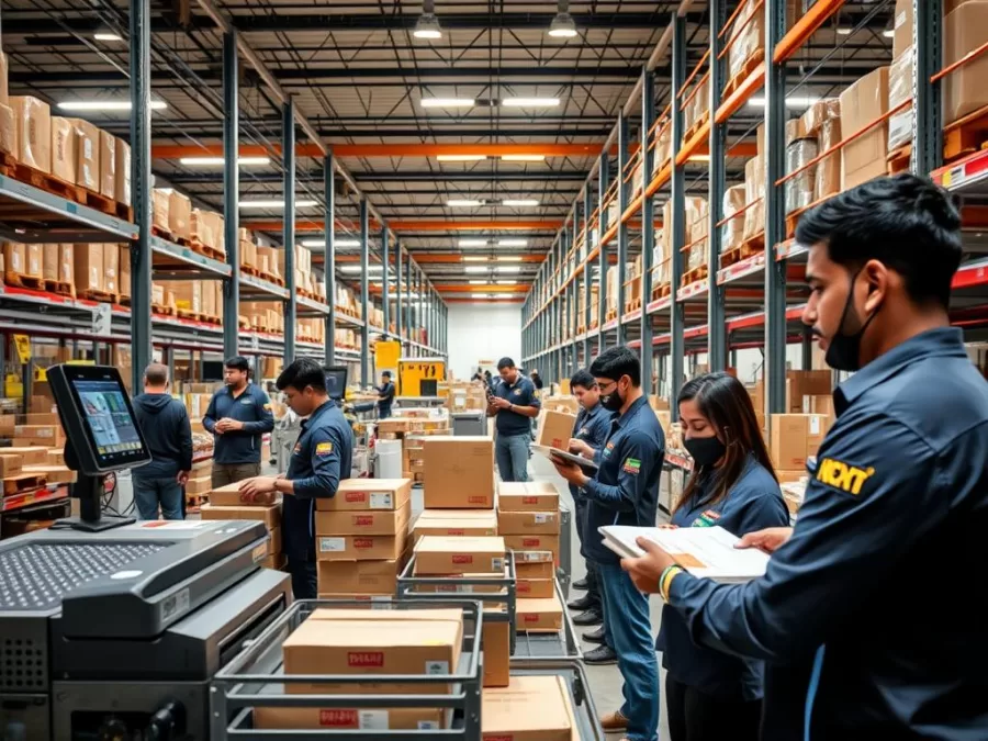 E-commerce logistics operation showing warehouse workers and technology