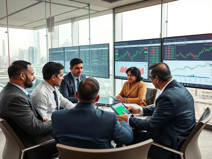 Financial professionals in a modern office setting discussing market trends