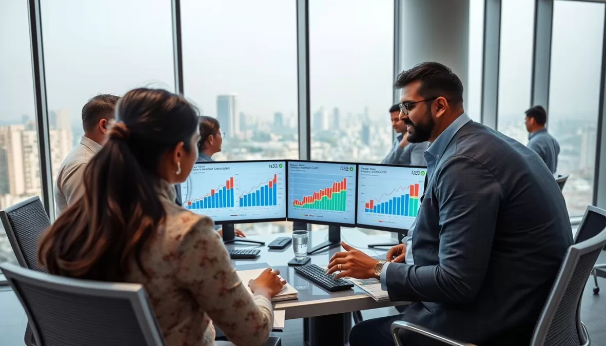 India's Hiring Trends H2 2025 showing professionals in a modern office setting with digital displays of employment statistics