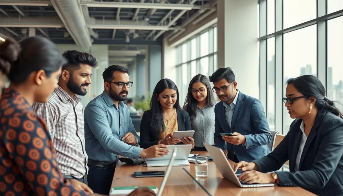 Professionals collaborating in a modern workplace representing India's evolving job market