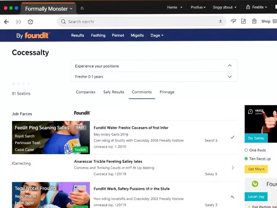 Foundit (Monster) website interface showing fresher job opportunities in India