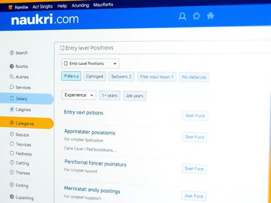Naukri.com interface with fresher job search filters for Indian job seekers