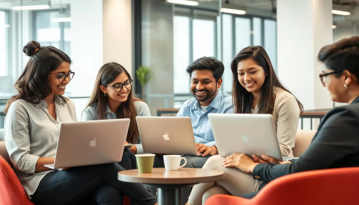 Young Indian graduates using laptops to search for jobs on top 10 websites for jobs in India for freshers