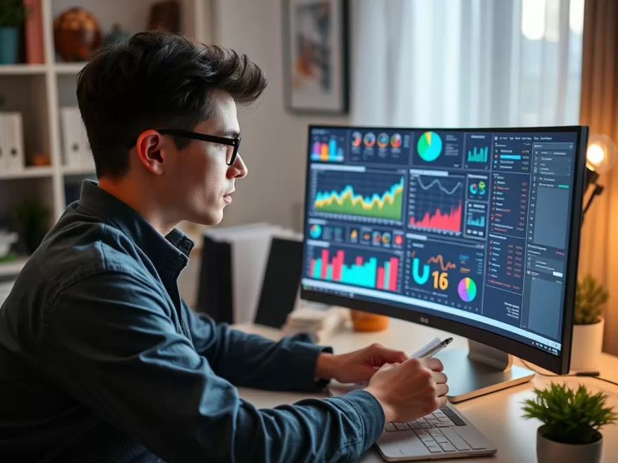 Junior data analyst analyzing AI-generated reports and visualizations