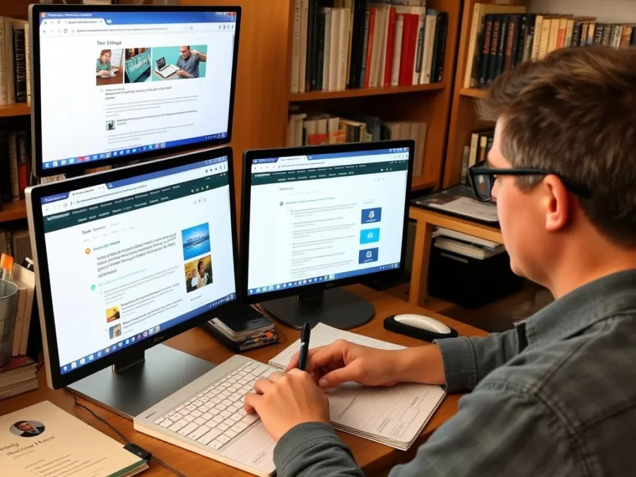 Online researcher gathering information from multiple sources for low income work from home jobs 2026