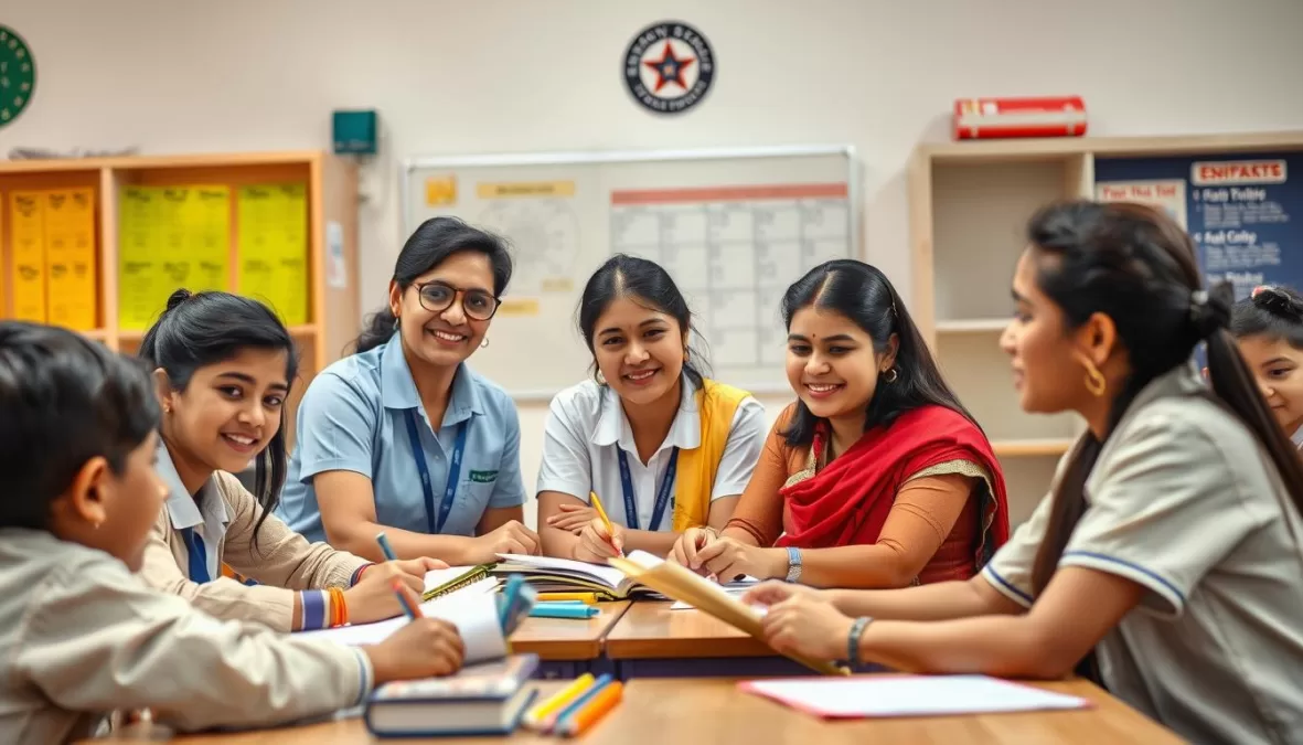 Successful primary school teachers in a classroom representing new primary teacher vacancy in Uttar Pradesh 2026 opportunities