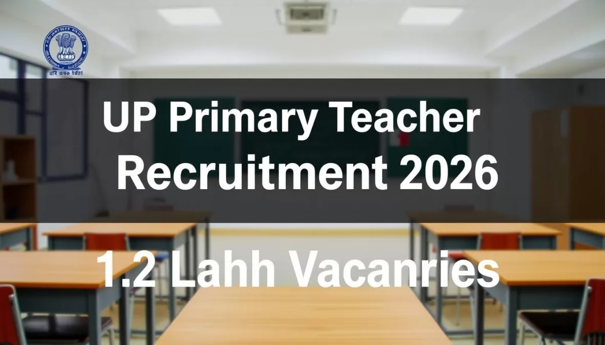 UP Primary Teacher Recruitment 2026 announcement banner showing classroom with text overlay about new primary teacher vacancy in Uttar Pradesh 2026