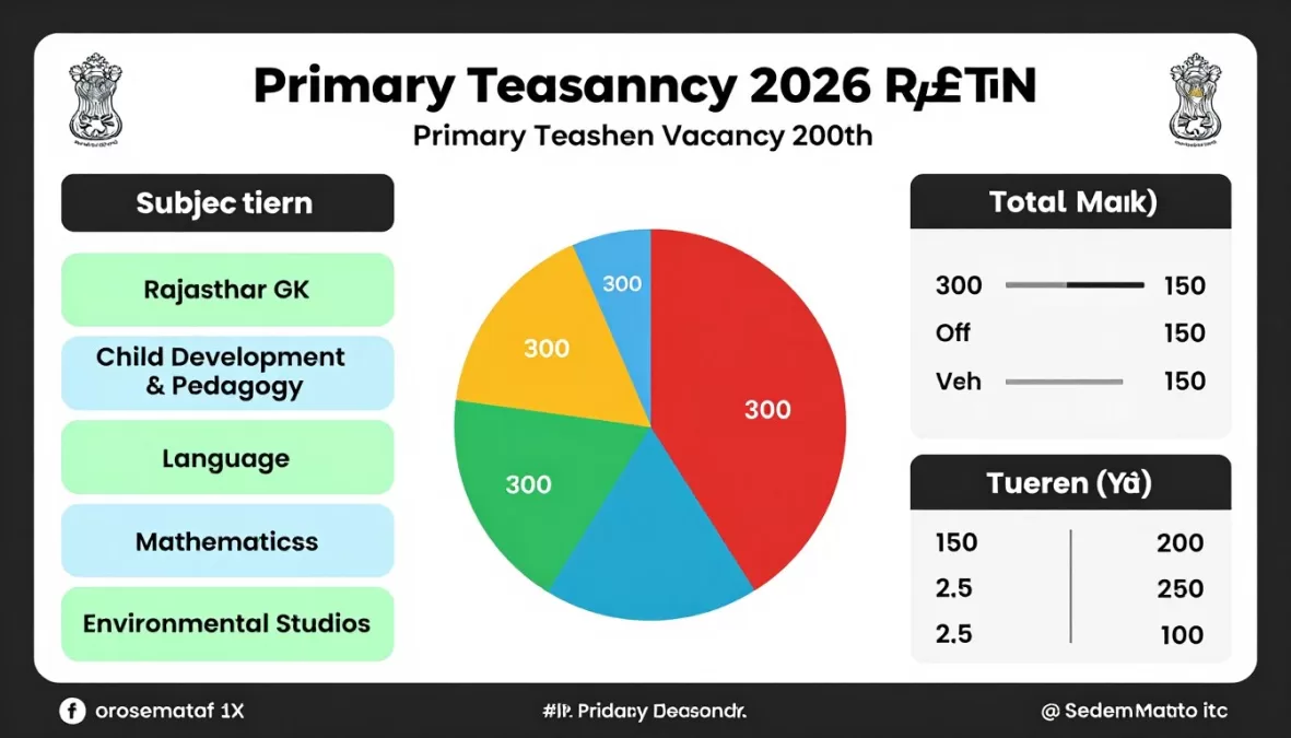 Exam pattern diagram for Primary Teacher Vacancy 2026 Rajasthan showing subject distribution and marking scheme