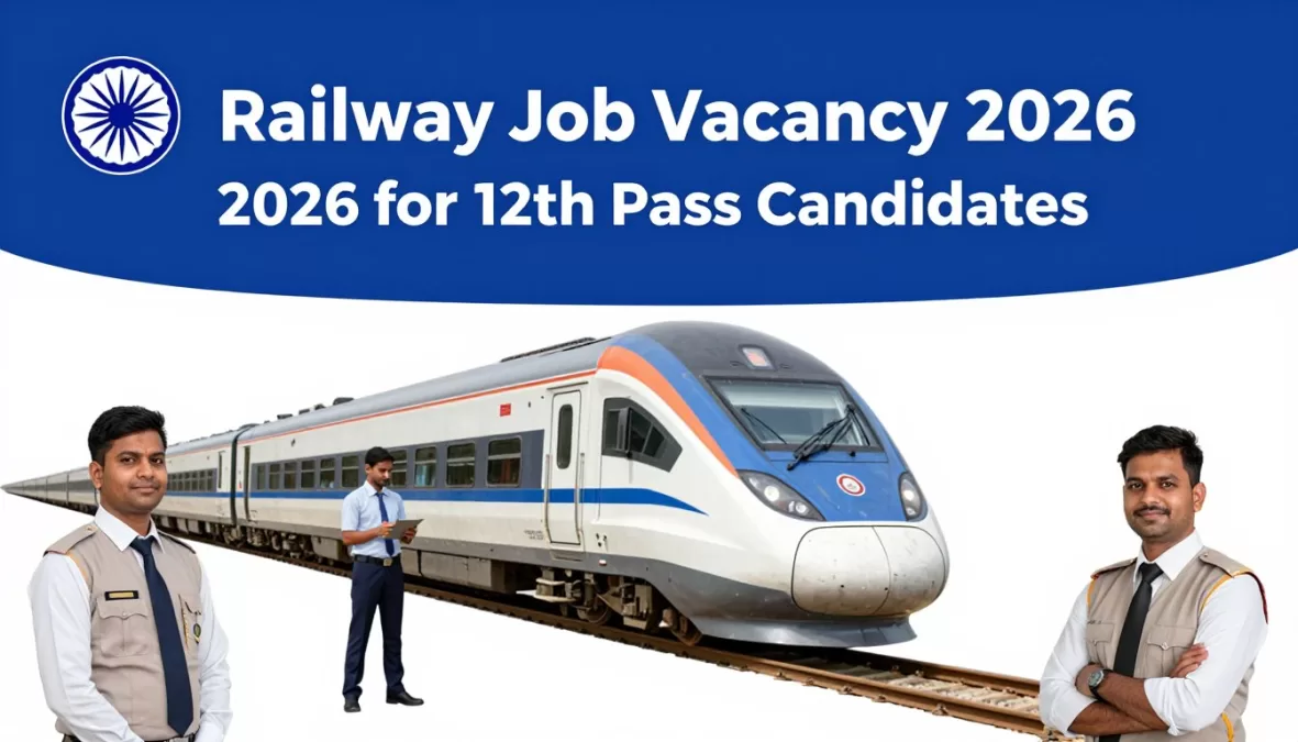 Indian Railways recruitment poster showing railway job vacancy 2026 12th pass opportunities