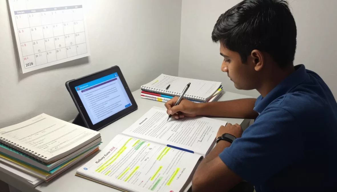 Student preparing for railway job vacancy 2026 12th pass exam with books and online resources