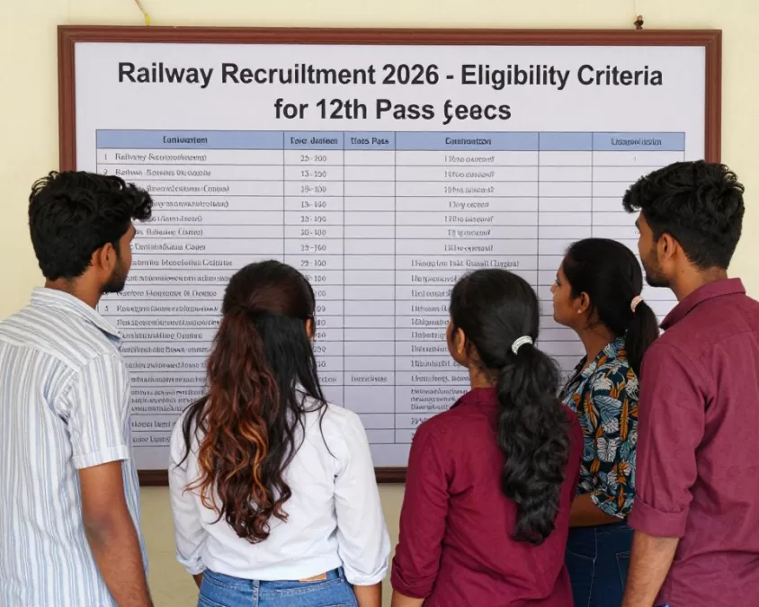 Young candidates checking railway job vacancy 2026 12th pass eligibility criteria on a notice board