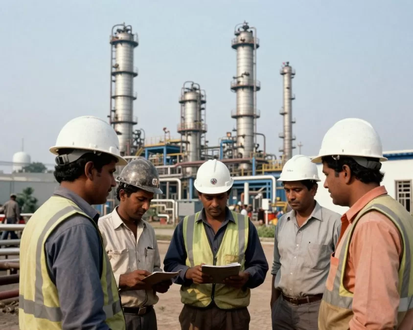 Oil refinery workers India 1980s energy sector employment
