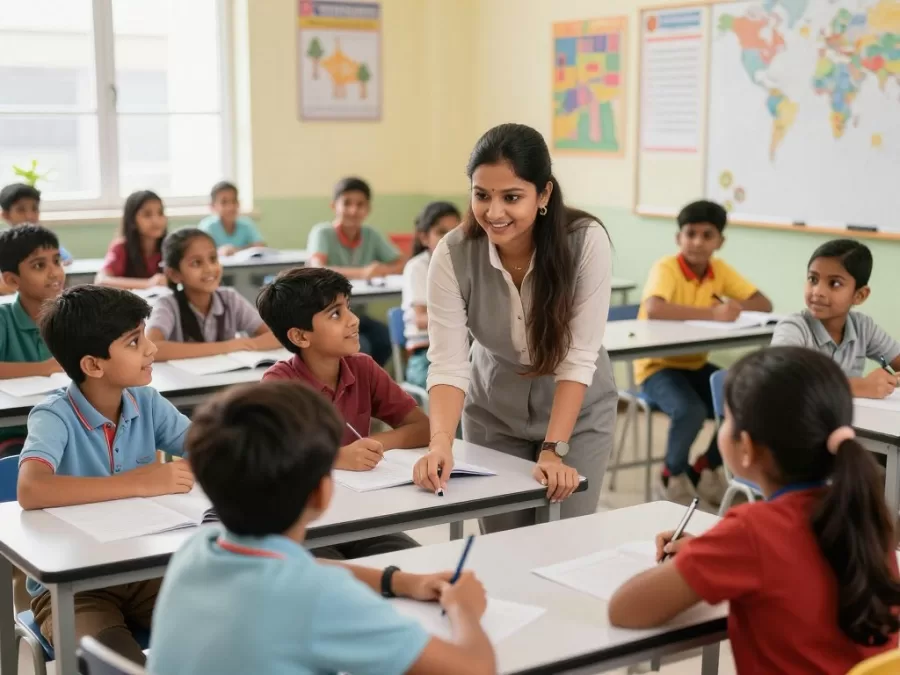 Primary teacher teaching students in maharashtra classroom