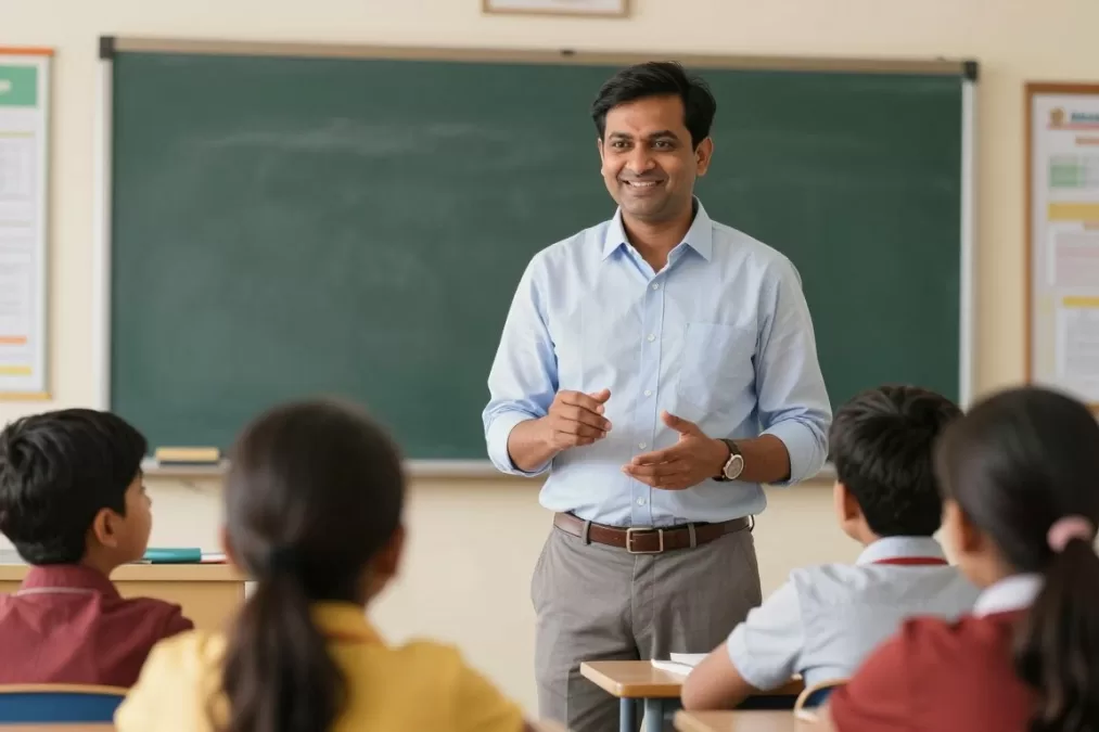 Teacher demonstrating communication skills in classroom