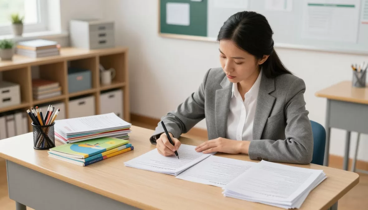 Teacher planning lesson at desk