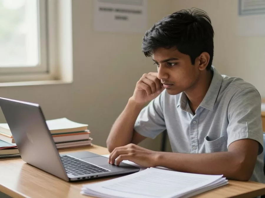 student preparing for government job exam with study materials march 2026