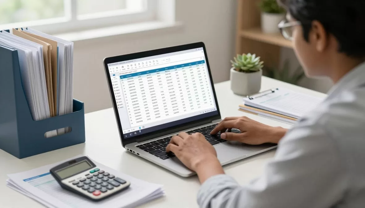 Accountant working with financial software and calculator on desk