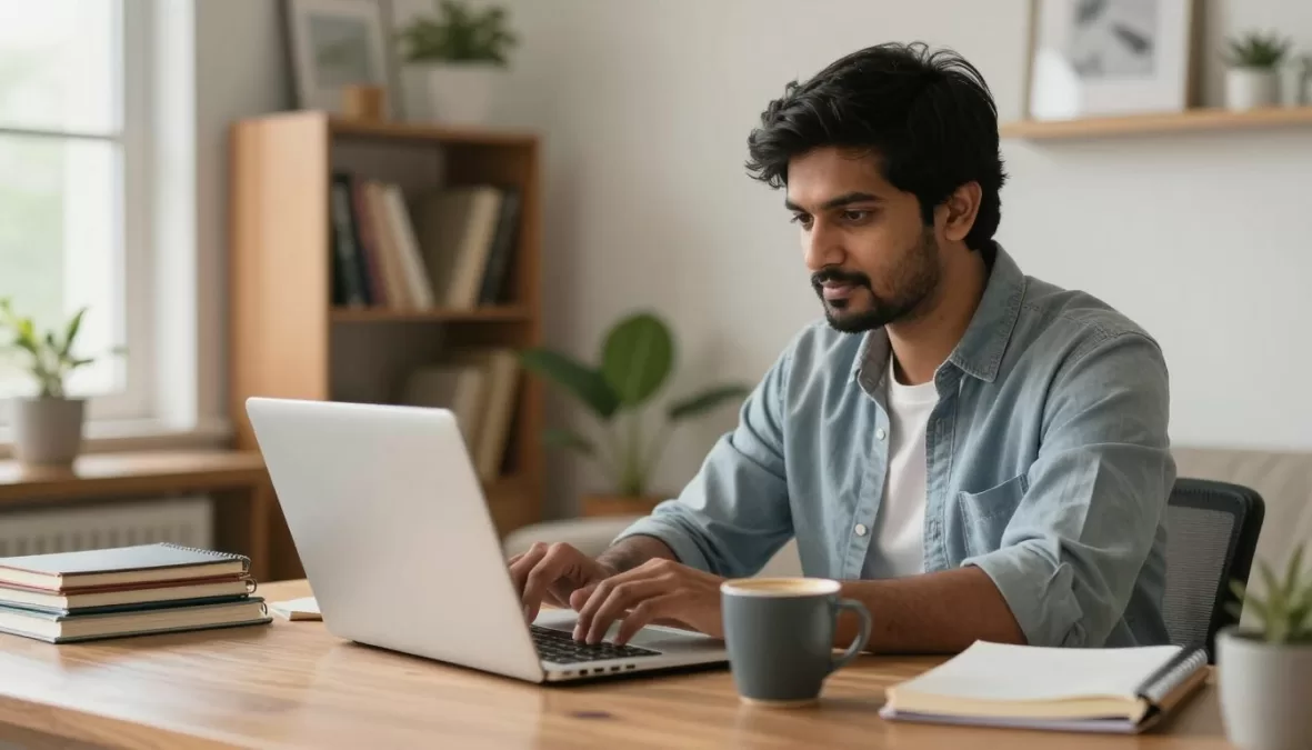 Content writer working on article with coffee in cozy home workspace Content writer working on article with coffee in cozy home workspace