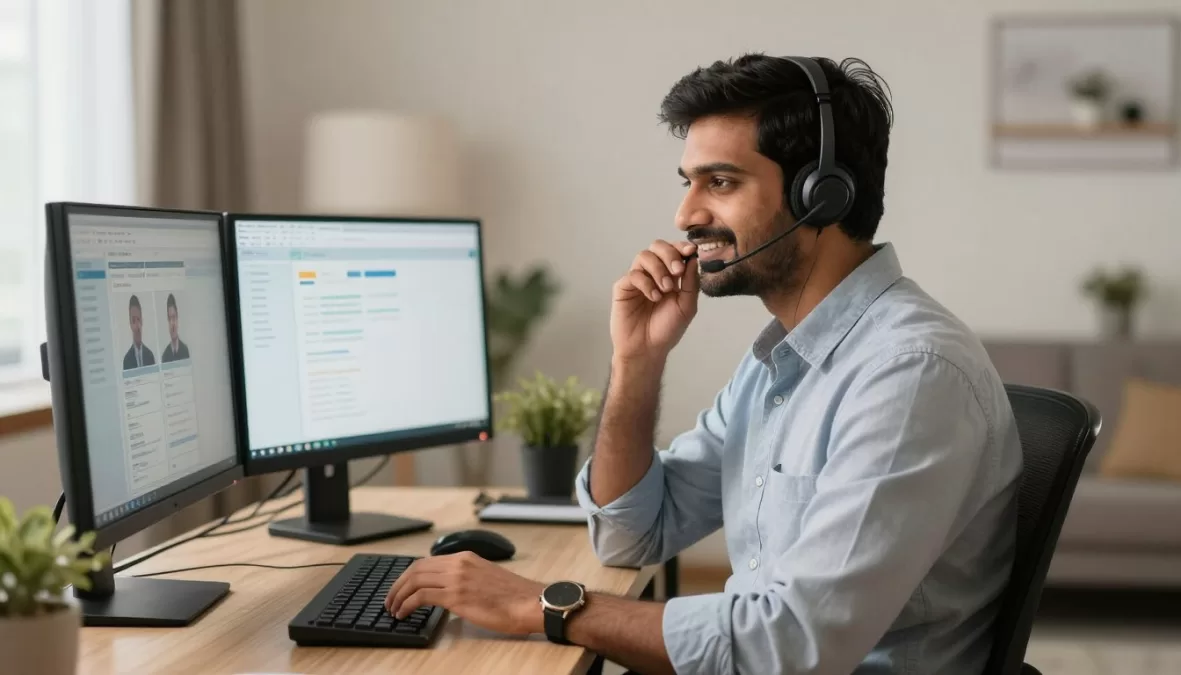 Customer support representative with headset assisting customer via computer