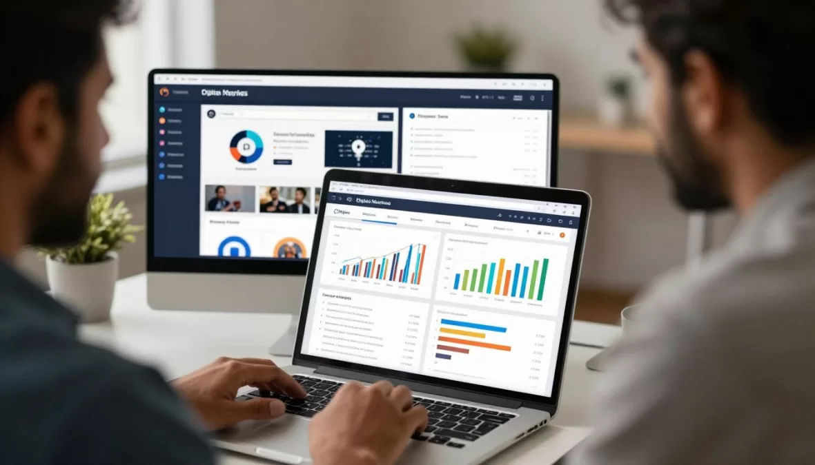 Digital marketing specialist analyzing campaign performance on laptop with marketing charts