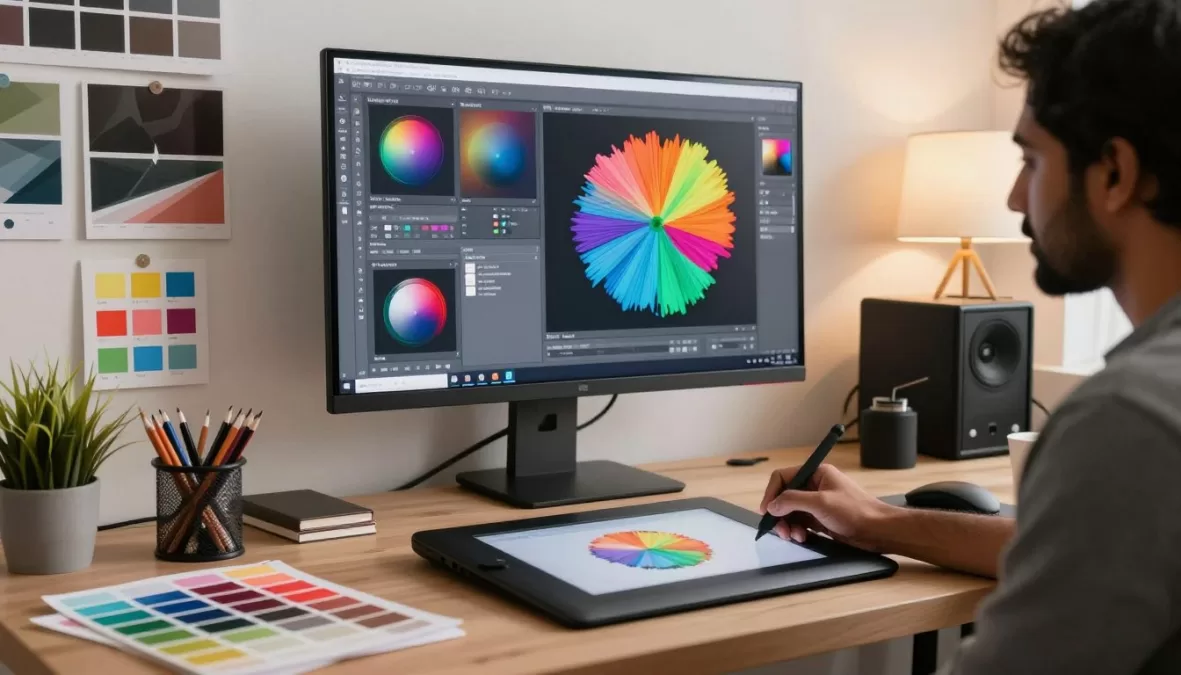Graphic designer working on creative project with design tablet and stylus