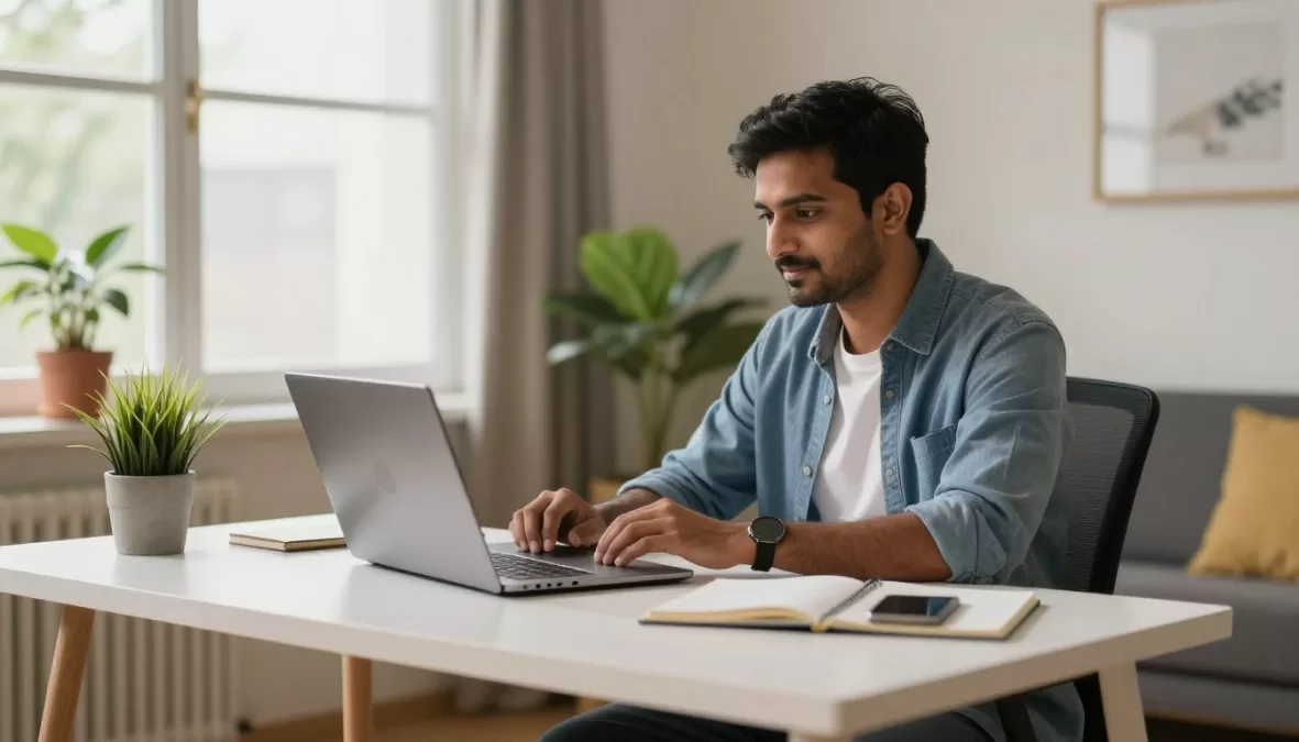Professional working from home in India with laptop and comfortable home office setup