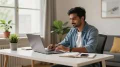 Professional working from home in India with laptop and comfortable home office setup