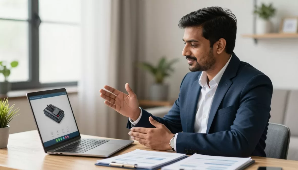 Sales representative conducting video call presentation with product slides