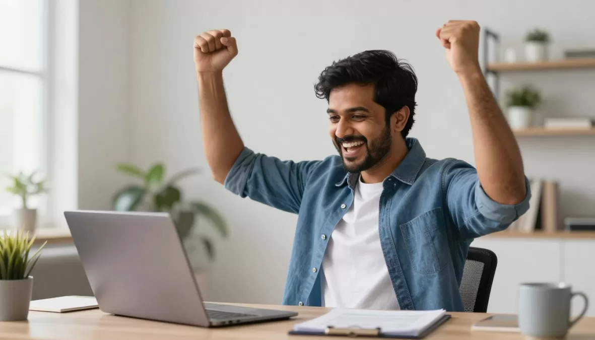 Successful remote worker celebrating achievement in home office environment