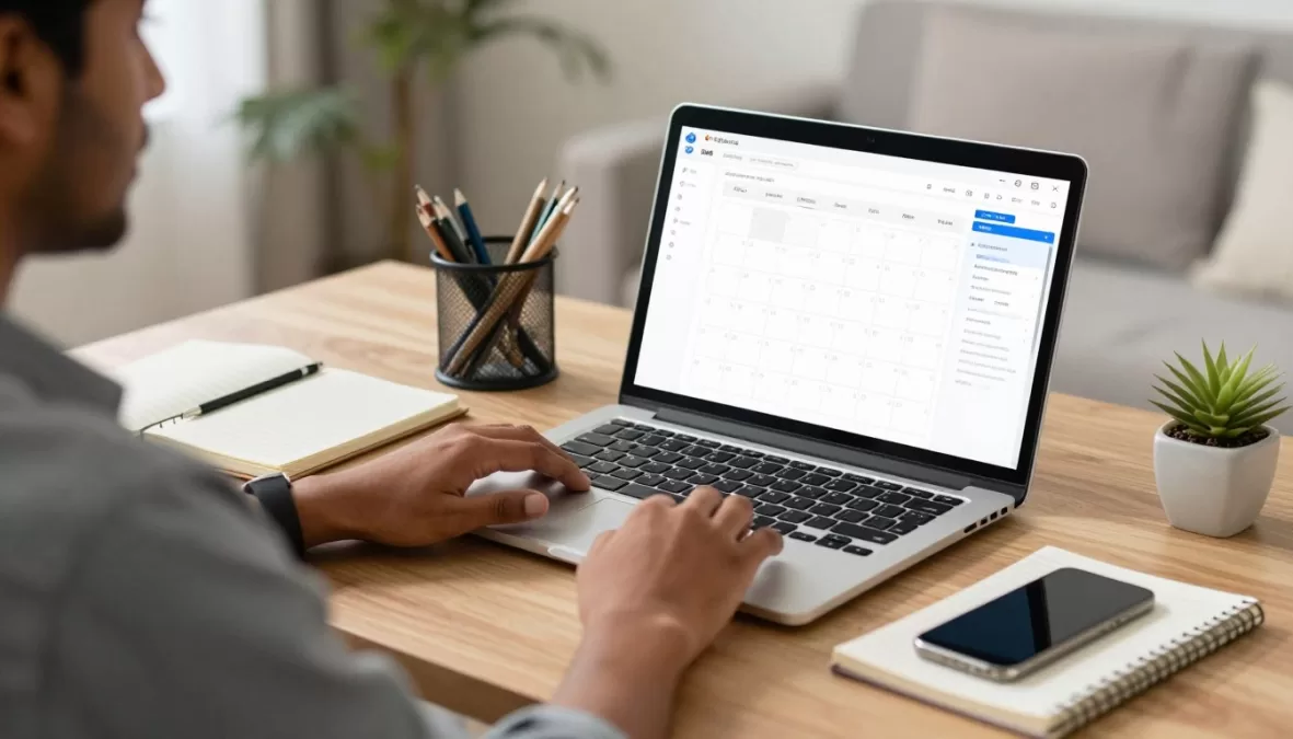 Virtual assistant managing tasks on laptop with organized workspace and planner
