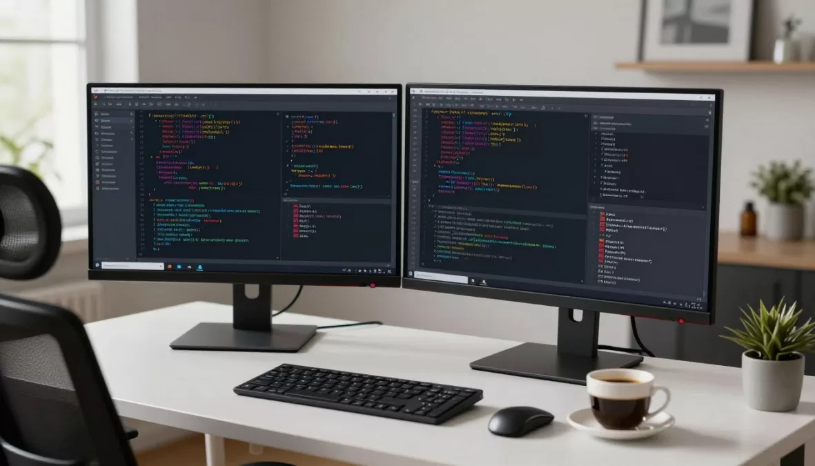 Web developer coding on multiple monitors with programming code visible Web developer coding on multiple monitors with programming code visible