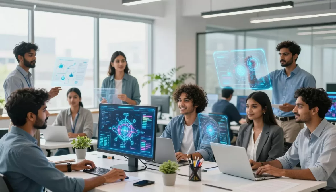 AI Skills for Freshers showing modern workspace with young professionals learning artificial intelligence technologies