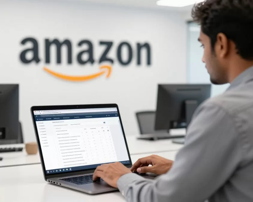 Amazon logo and data entry specialist working with inventory data