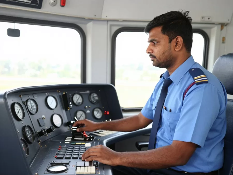 Assistant Loco Pilot operating train controls in locomotive cabin