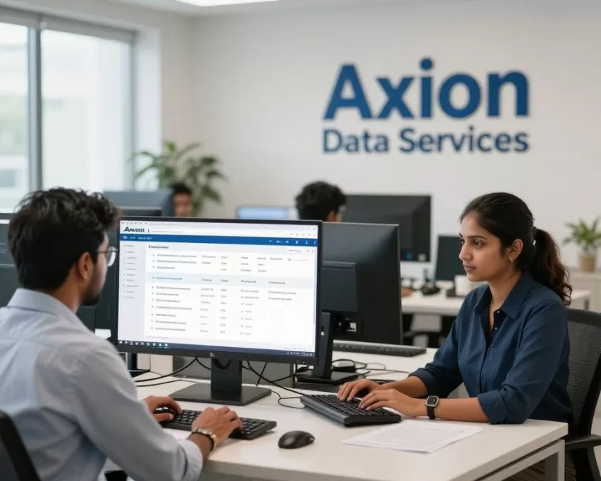 Axion Data Services professional entering financial data with secure protocols