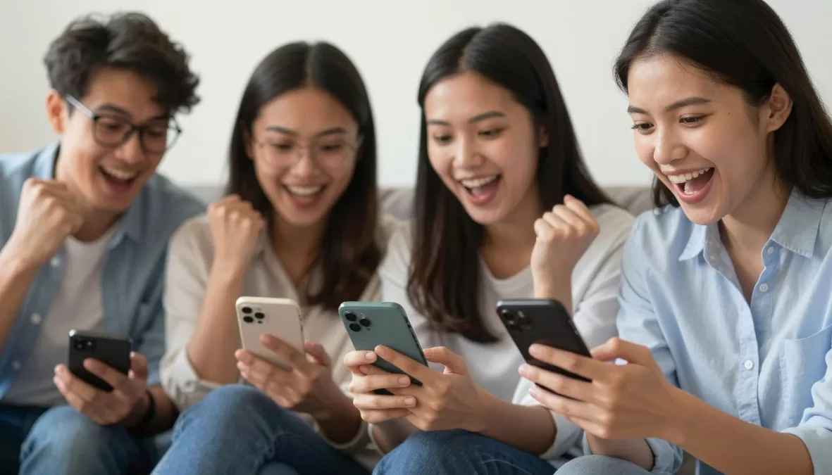 Candidates checking exam results on mobile