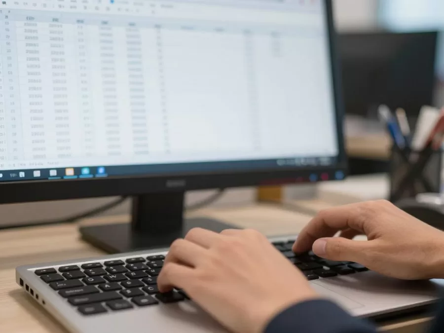 Close-up of hands typing data entry on keyboard with spreadsheet visible on screen