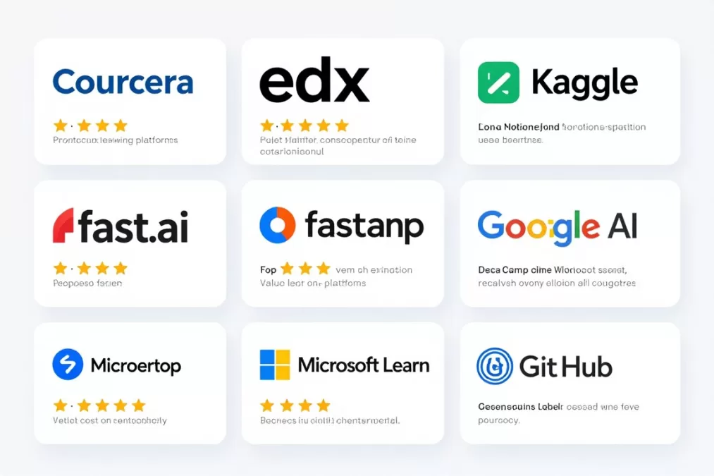 Collection of popular AI learning platforms and resources with their logos