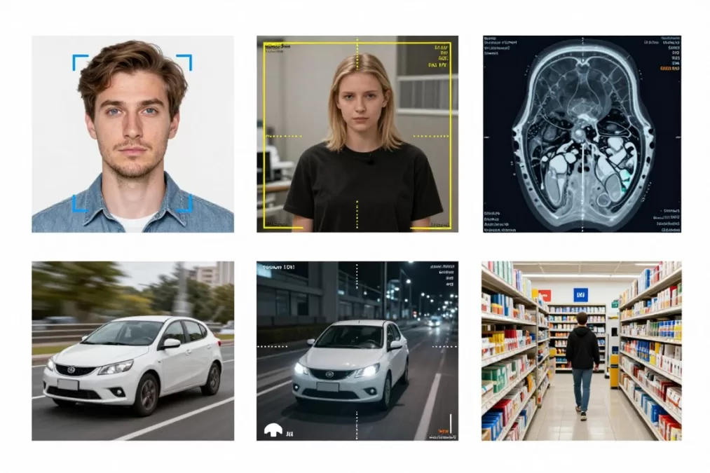 Computer vision applications showing image recognition and object detection examples
