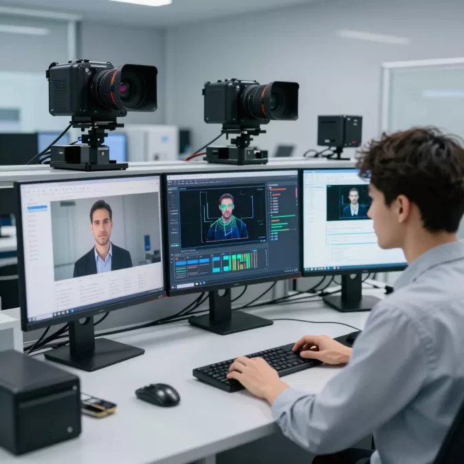 Computer vision engineer testing AI models in research lab