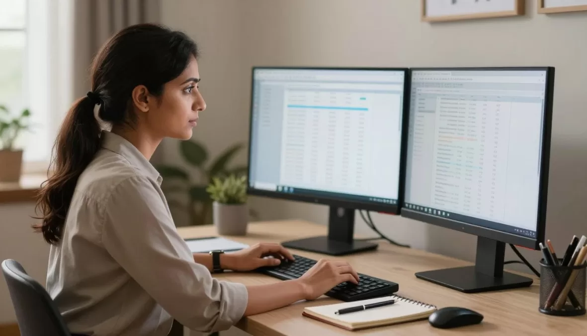 Data entry specialist reviewing accuracy of information on dual monitors at home office