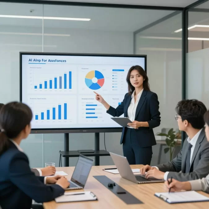Data scientist presenting insights to business team in modern office