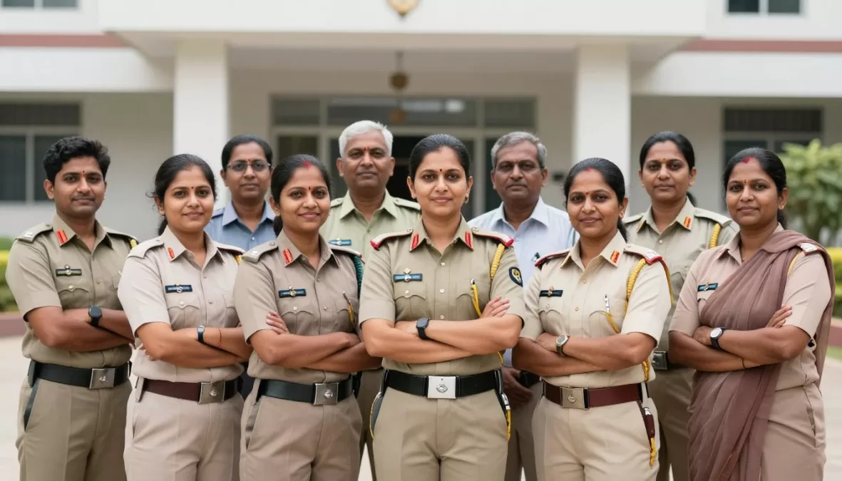 Diverse group of successful Indian women government employees standing together confidently