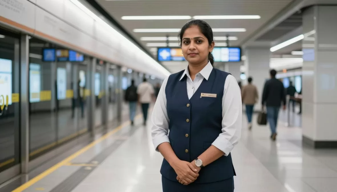 Female DMRC employee in uniform at modern metro station