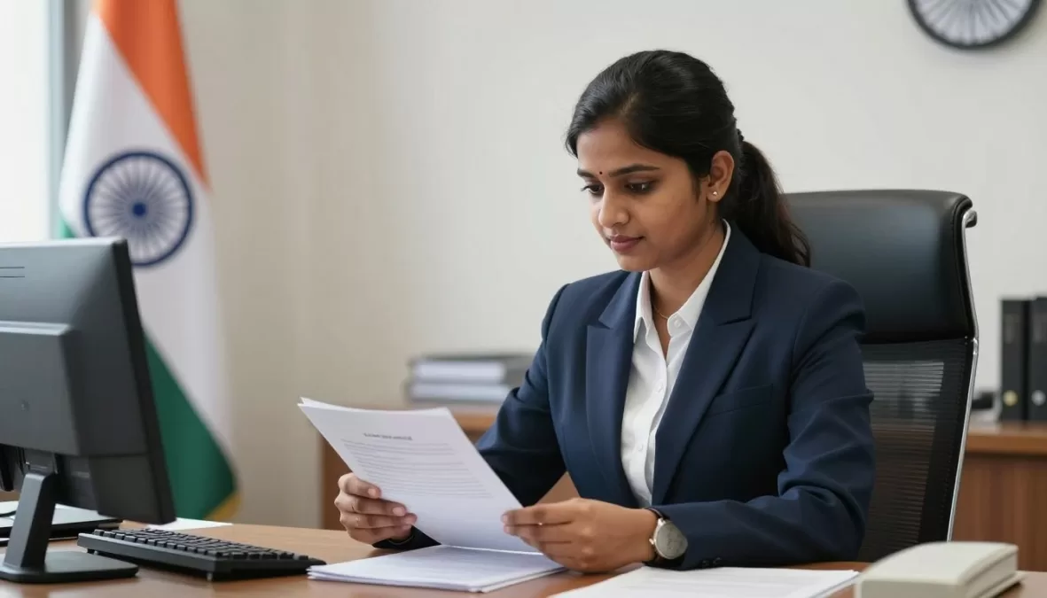 Female IAS officer in official attire reviewing documents at government office