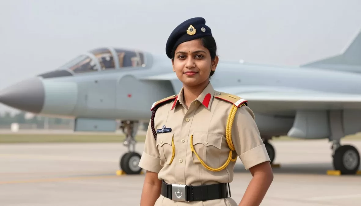 Female Indian Air Force officer in uniform standing confidently at air base