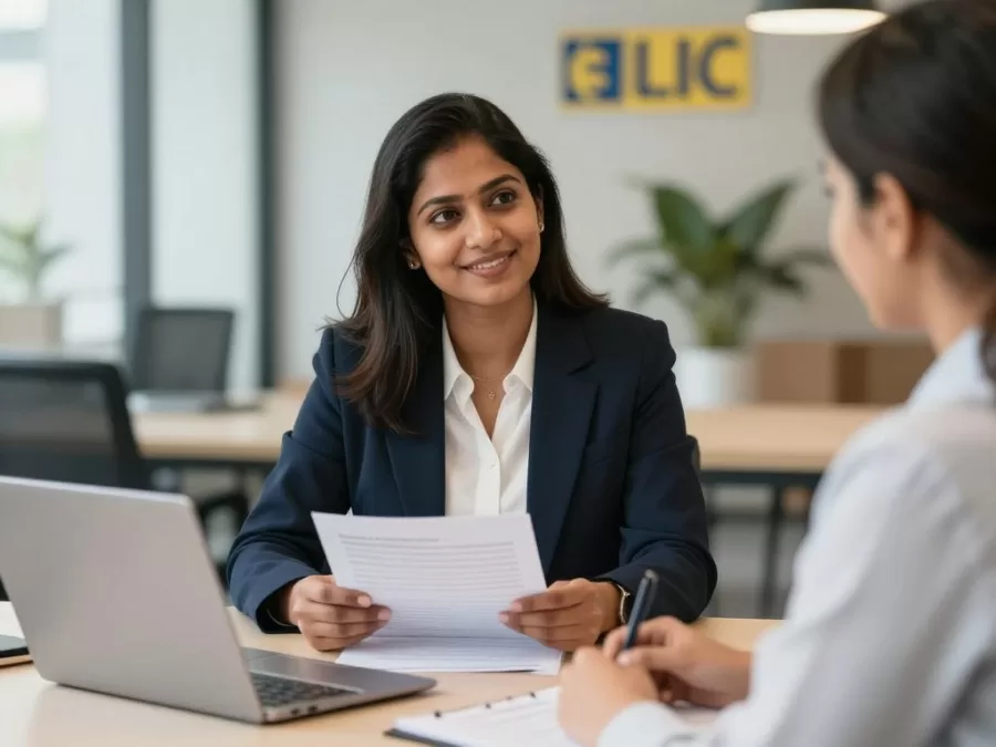 Female LIC officer consulting with client in professional office setting