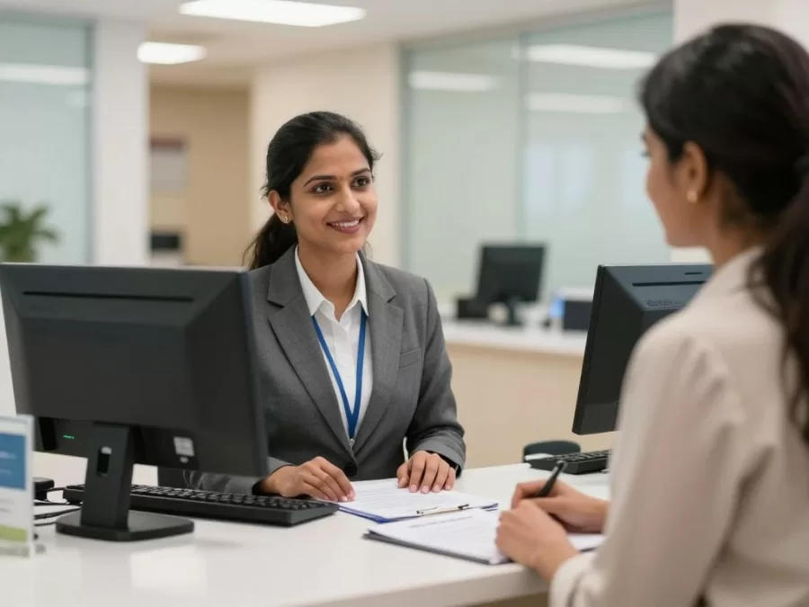 Female bank officer assisting customer at public sector bank branch