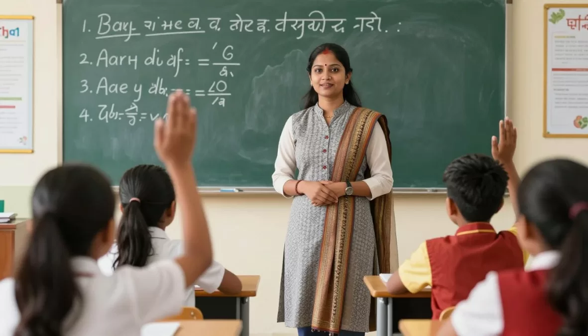 Female government school teacher teaching enthusiastic students in classroom